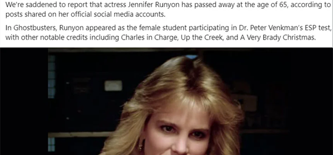 Jennifer Runyon, 'Ghostbusters' star, dies at 65 1