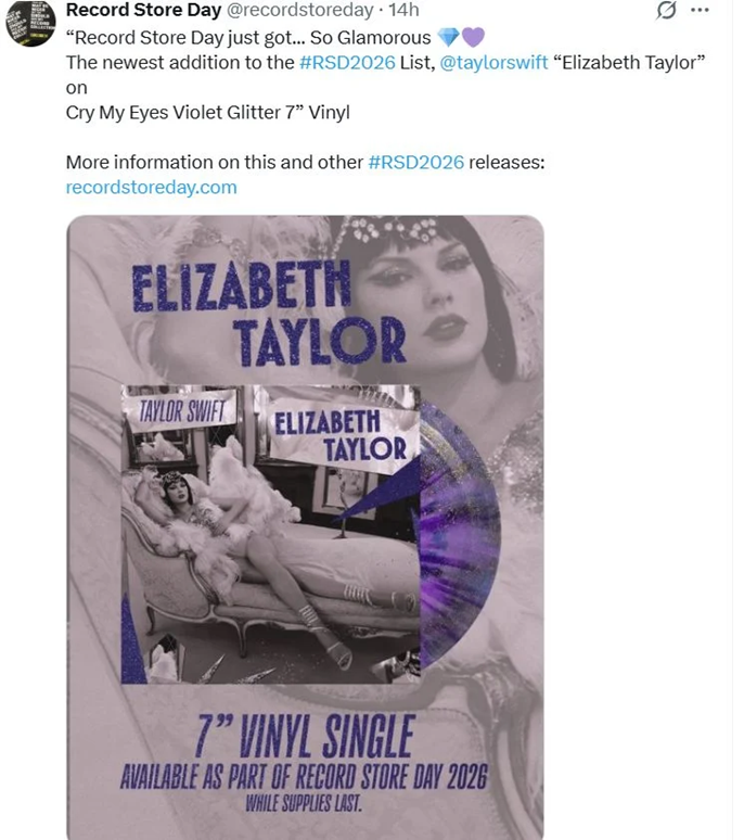 Taylor Swift displays 'Elizabeth Taylor' cover art before Record Store Day vinyl release 1