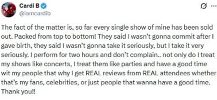 Cardi B hits back hard at critics of her Little Miss Drama Tour 1