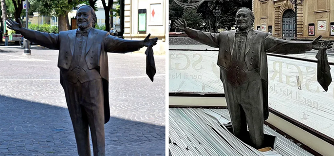Pavarotti statue frozen knee-deep in ice rink strikes wrong note in Italy 1
