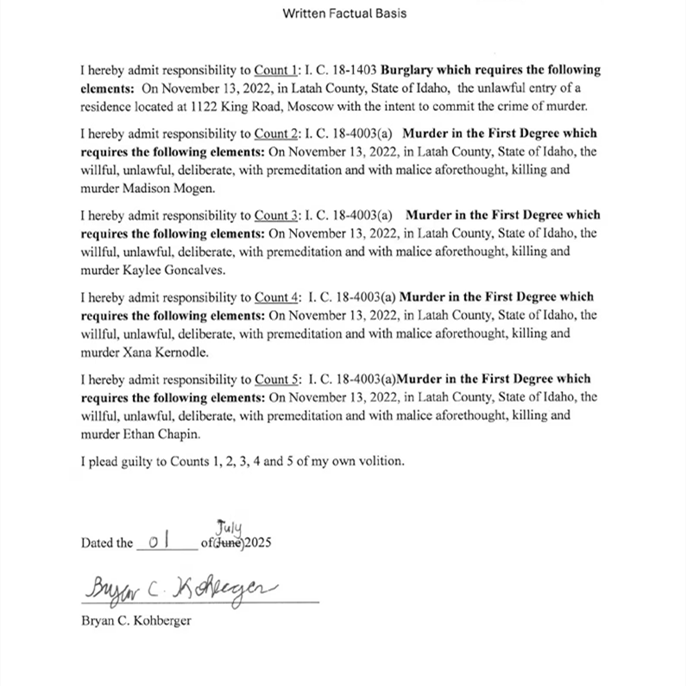 Bryan Kohberger's Signed Confession for All 4 Idaho Murders Revealed 1