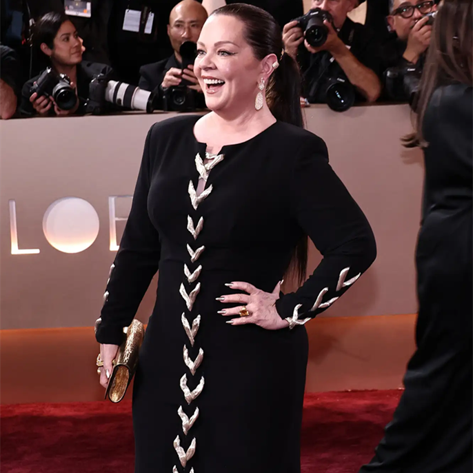 Melissa McCarthy Dazzles in Form-Fitting Gown and JLo-Level Ponytail at 2026 Golden Globes