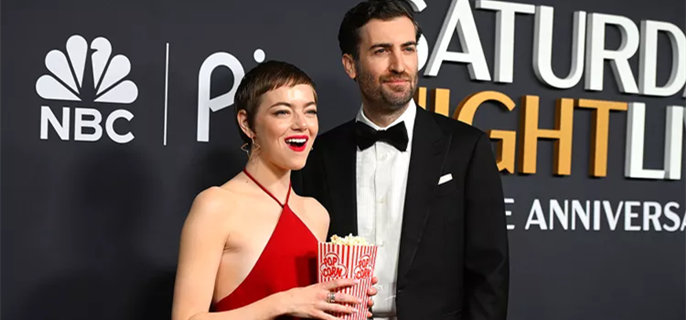 Emma Stone Wears Campy Popcorn Dress on Date Night with Husband Dave McCary at SNL50 Anniversary Special 1